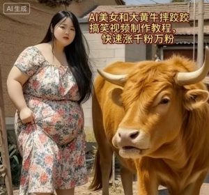 AI美女和大黄牛摔跤搞笑荒诞视频制作教程，快速涨千粉万粉-一起网赚吧