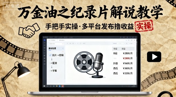 万金油之纪录片解说教学，手把手教你，完全实操，多平台发布撸收益-一起网赚吧