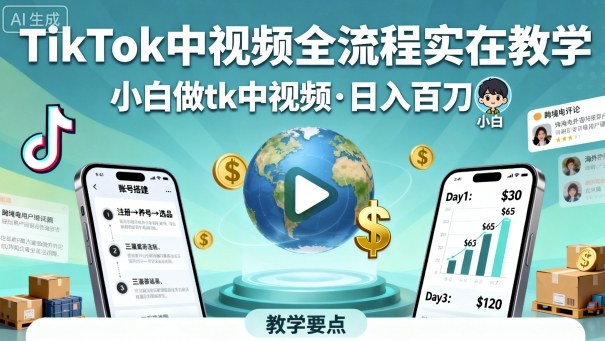TikTok中视频全流程实操教学，小白做tk中视频，日入百刀-一起网赚吧