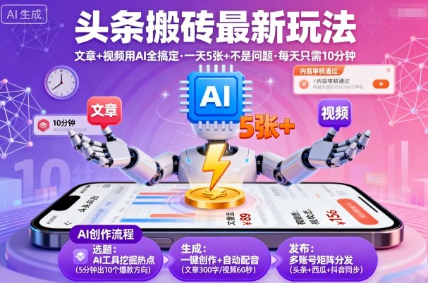 头条搬砖最新玩法，文章+视频用AI全搞定，一天5张+不是问题，每天只需10分钟-一起网赚吧