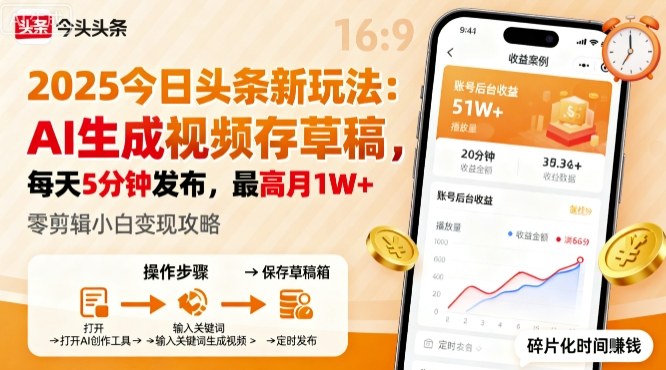 2025年今日头条躺賺新玩法，AI生成视频存草稿，每天5分钟发布，最高月1W+【揭秘】-一起网赚吧