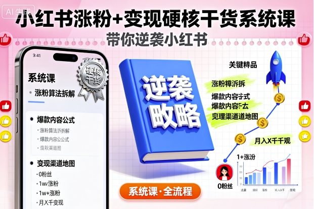 小红书涨粉+变现硬核干货系统课，带你逆袭小红书-一起网赚吧