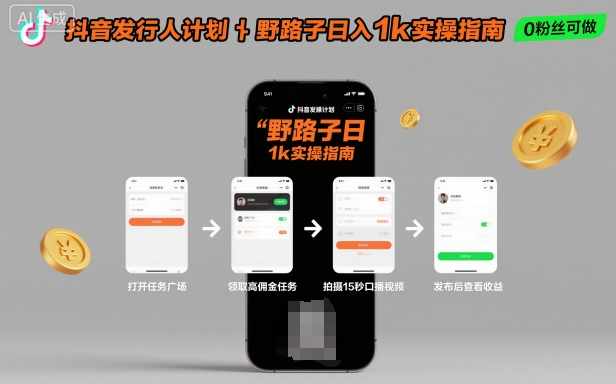 抖音发行人计划全新野路子玩法，随时随地，只要有手机，就能操作，日入1k+【揭秘】-一起网赚吧