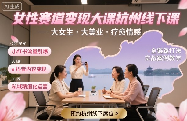 女性赛道变现大课杭州线下，大女生，大美业，疗愈情感，一套小红书、抖音、私域全链路打法-一起网赚吧