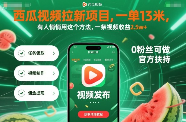 西瓜视频拉新项目，一单13米，有人悄悄用这个方法，一条视频收益2.5w+（附详细教程）-一起网赚吧