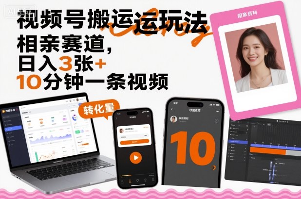 视频号搬运玩法，相亲赛道，日入3张+，10分钟一条视频-一起网赚吧