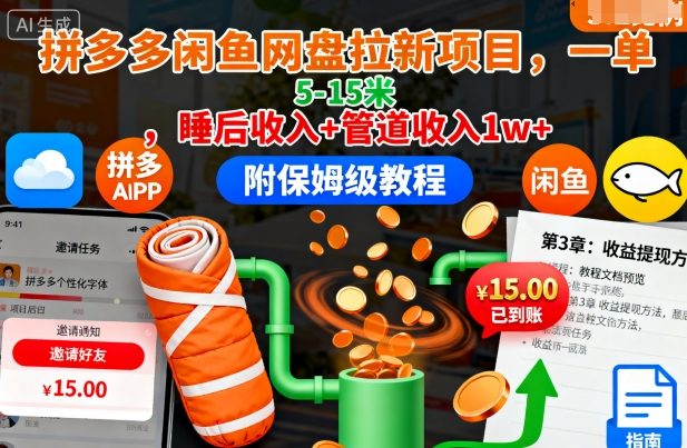 拼多多闲鱼网盘拉新项目，一单5-15米，睡后收入+管道收入1w+（附保姆级教程）-一起网赚吧