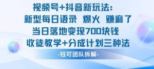 视频号加抖音新玩法：爆火新型每日语录，收徒教学加分成计划，三种变现玩法，当日变现7张-一起网赚吧