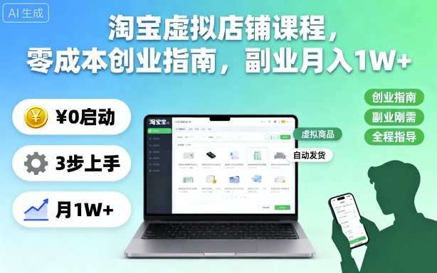 淘宝虚拟店铺课程，零成本创业指南，副业月入1W+-一起网赚吧