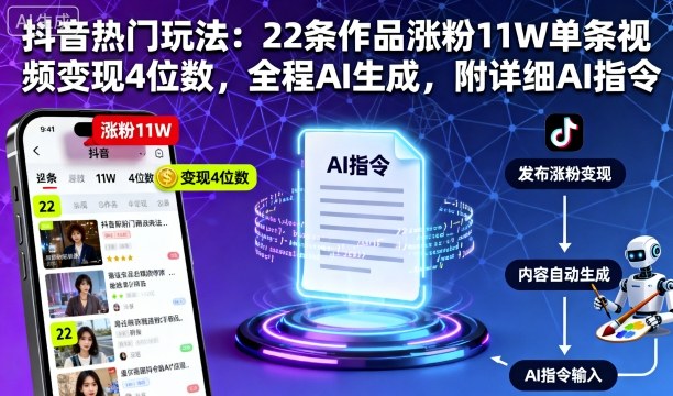 抖音热门玩法：22条作品涨粉11W单条视频变现4位数，全程AI生成，附详细AI指令-一起网赚吧