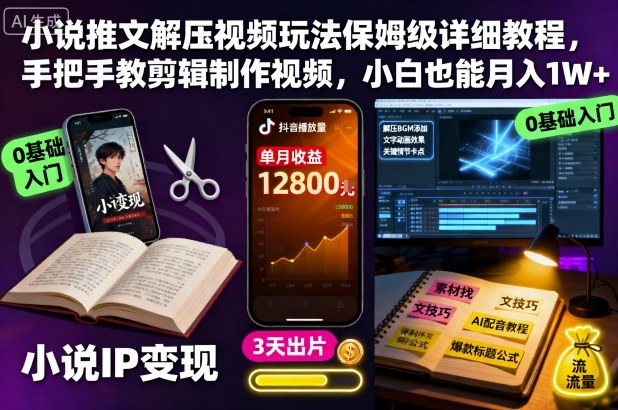 小说推文解压视频玩法保姆级详细教程，手把手教剪辑制作视频，小白也能月入1W+-一起网赚吧