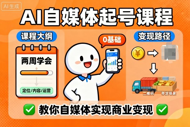 AI自媒体起号课程，0基础小白两周学会，教你自媒体实现商业变现-一起网赚吧