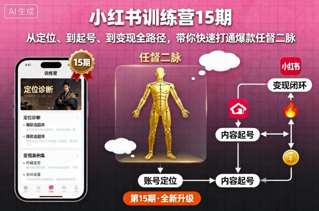 小红书训练营15期，从定位、到起号、到变现全路径，带你快速打通爆款任督二脉-一起网赚吧