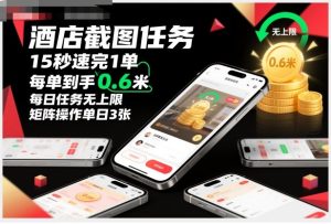 酒店截图任务,15秒速完1单,每单到手0.6米,每日任务无上限,全网首发玩法,矩阵操作单日3张【揭秘】-一起网赚吧