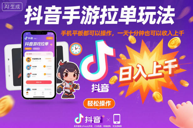 抖音手游拉单玩法，手机平板都可以操作，一天十分钟也可以收入上K【揭秘】-一起网赚吧