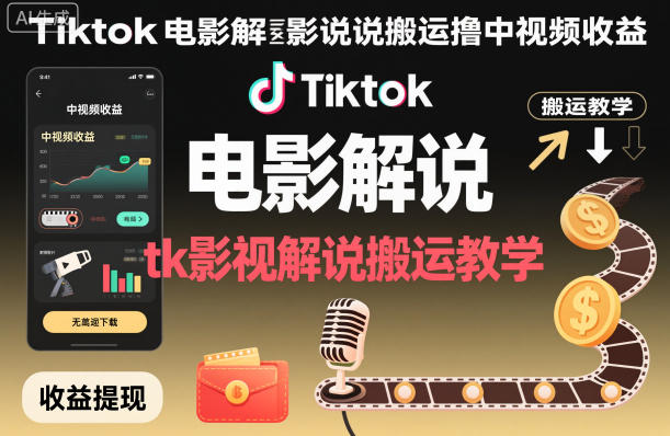 Tiktok电影解说搬运撸中视频收益，tk影视解说搬运教学-一起网赚吧