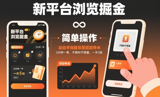 新平台浏览掘金，动动手指截张图就能挣米，2分钟一单，不限时不限量，一天5张【揭秘】-一起网赚吧