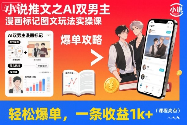 小说推文之AI双男主漫画标记图文玩法实操课，轻松爆单，一条收益1k+-一起网赚吧