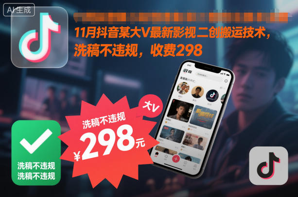 11月抖音某大V最新影视二创搬运技术，洗稿不违规，收费298-一起网赚吧