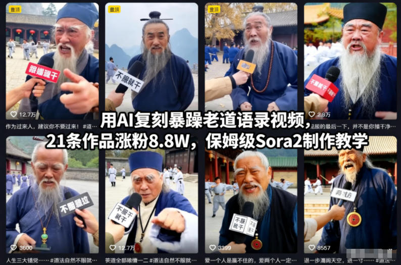 用AI复刻暴躁老道语录视频，21条作品涨粉8.8W，保姆级Sora2制作教学-一起网赚吧