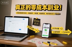 真正的零成本副业！问卷调查暴利项目，无脑操作，纯0撸，收益稳定，每天轻松日入100+【揭秘】-一起网赚吧
