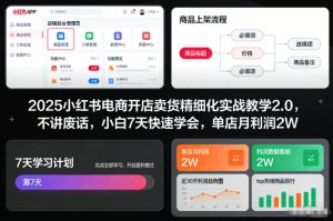 2025小红书电商开店卖货精细化实战教学2.0，不讲废话，小白7天快速学会，单店月利润2W-一起网赚吧