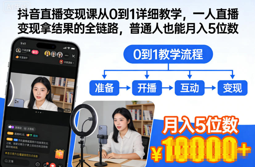 抖音直播变现课从0到1详细教学，一人直播变现拿结果的全链路，普通人也能月入5位数-一起网赚吧