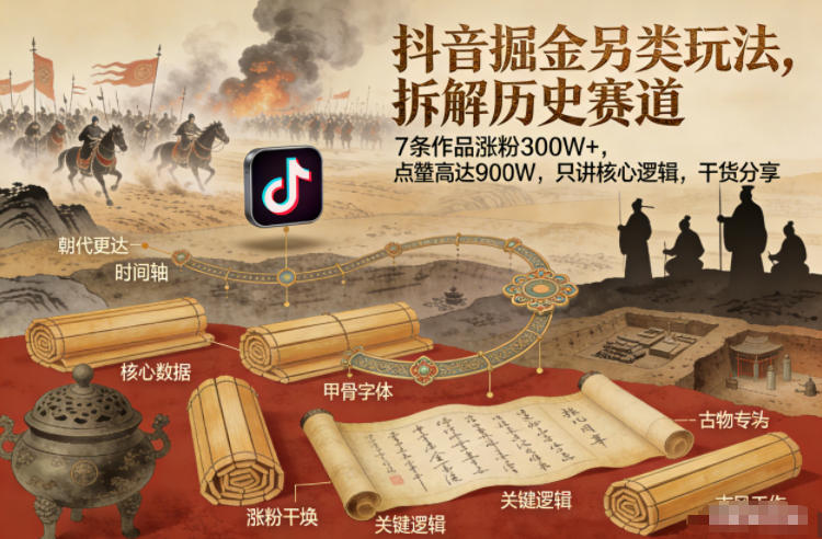 抖音掘金另类玩法，拆解历史赛道，7条作品涨粉300W+，点赞量高达900W，只讲核心逻辑，干货分享-一起网赚吧