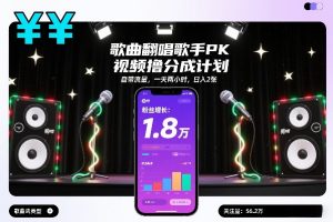 歌曲翻唱歌手PK视频撸分成计划，自带流量，一天两小时，日入2张-一起网赚吧