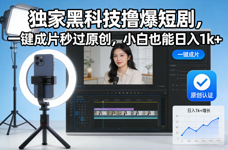独家黑科技撸爆短剧，一键成片秒过原创，小白也能日入1k+【揭秘】-一起网赚吧