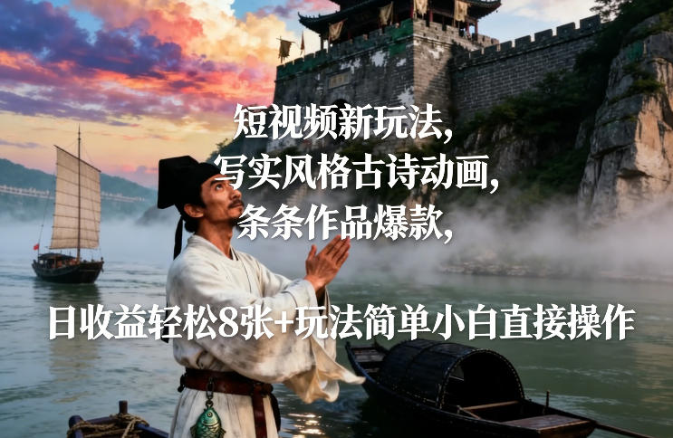 短视频新玩法，写实风格古诗动画，条条作品爆款，日收益轻松8张+玩法简单小白直接操作-一起网赚吧