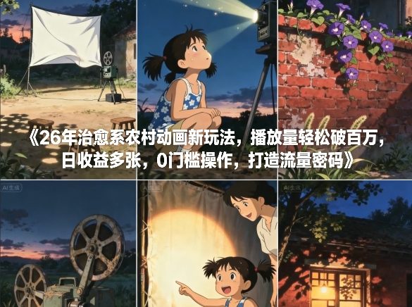 26年治愈系农村动画新玩法，播放量轻松破百万，日收益多张，0门槛操作，打造流量密码-一起网赚吧