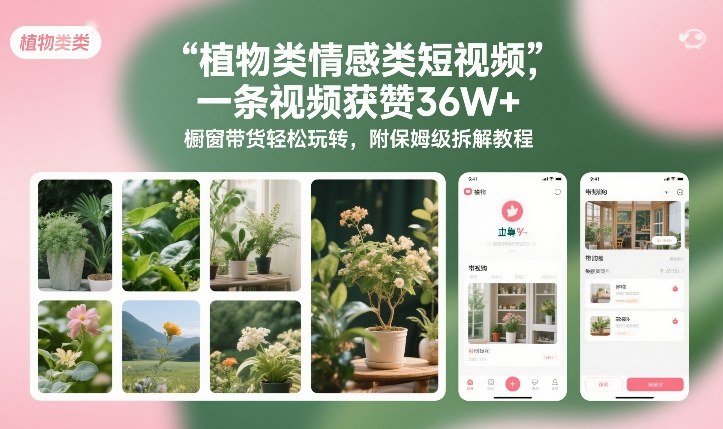 植物类情感类短视频，一条视频获赞36W+，橱窗带货轻松玩转，附保姆级拆解教程-一起网赚吧