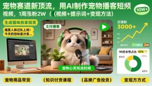 宠物赛道新顶流，用AI制作宠物播客短视频，1周涨粉2W（视频+提示词+变现方法）-一起网赚吧