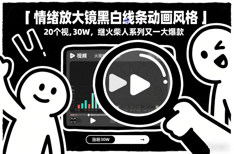 情绪放大镜黑白线条动画风格，20个视频，涨粉30W，继火柴人系列又一大爆款-一起网赚吧