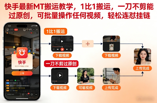 快手最新MT搬运教学，1比1搬运，一刀不剪能过原创，可批量操作任何视频，轻松连怼挂链-一起网赚吧