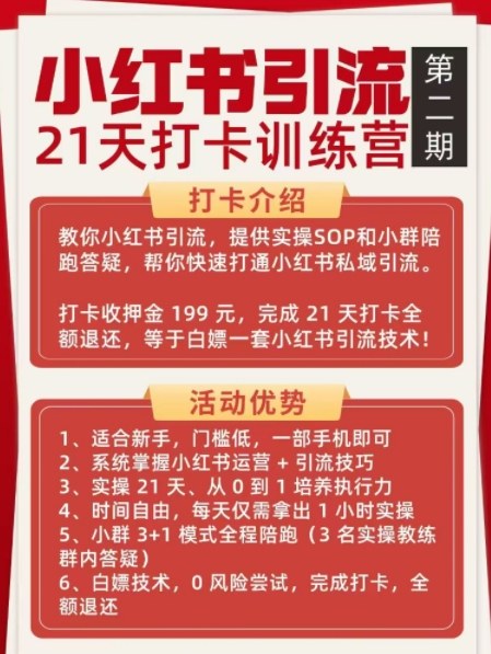 小红书引流21天打卡训练营第二期，助你快速打通小红书私域引流打粉-一起网赚吧