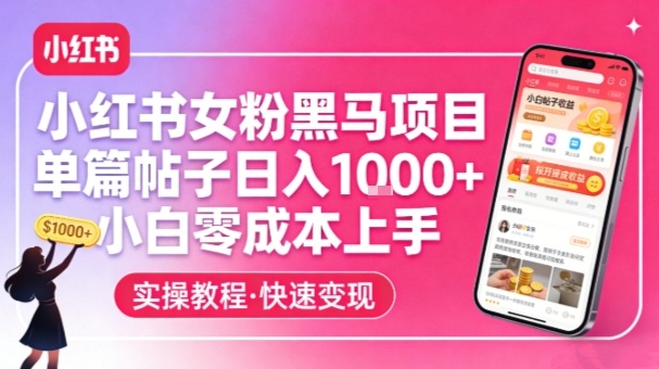 小红书女粉黑马项目，单篇帖子日入1k+，小白零成本上手-一起网赚吧