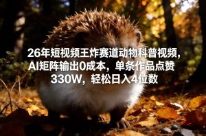 26年短视频王炸赛道动物科普视频，AI矩阵输出0成本，单条作品点赞330W，轻松日入4位数-一起网赚吧