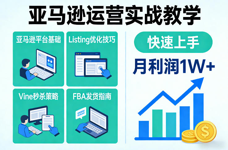 亚马逊运营实战教学，亚马逊平台+Listing优化+Vine秒杀+FBA发货等，快速上手，实现店铺月利润1W-一起网赚吧