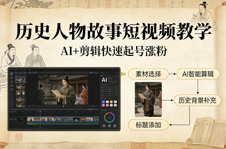 历史人物故事短视频教学，AI+剪辑制作历史人物题材短视频，快速起号涨粉-一起网赚吧