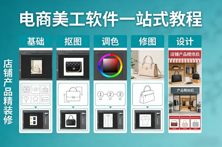 电商美工软件一站式教程，基础/抠图/调色/修图/设计，店铺产品精装修-一起网赚吧