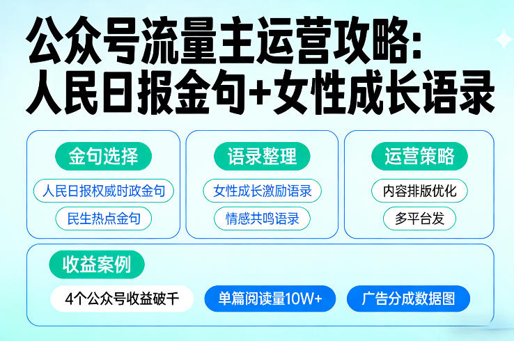 利用人民日报金句+女性成长语录做公众号流量主，4个公众号收益破千-一起网赚吧