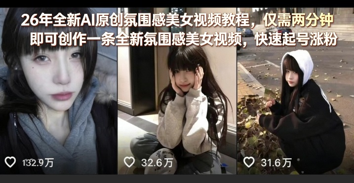 26年全新AI原创氛围感美女视频教程，仅需两分钟即可创作一条全新氛围感美女视频，快速起号涨粉-一起网赚吧