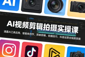 AI视频剪辑拍摄实操课，涵盖AI工具应用、智能体创作、剪映剪辑、拍摄技巧、抖音运营等全链路技能-一起网赚吧
