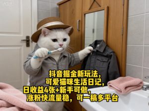 抖音掘金新玩法，可爱猫咪生活日记，日收益4张+新手可做，涨粉快流量稳，可一稿多平台-一起网赚吧