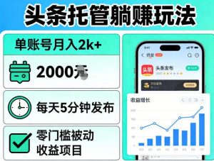 头条托管躺賺玩法，单账号月入2k+，每天5分钟发布即可，零门槛被动收益项目【揭秘】-一起网赚吧