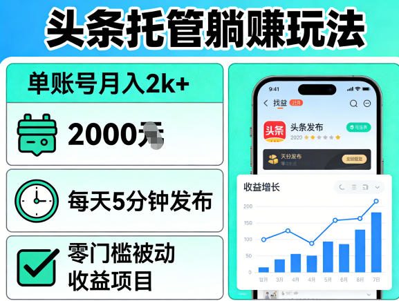 头条托管躺賺玩法，单账号月入2k+，每天5分钟发布即可，零门槛被动收益项目【揭秘】-一起网赚吧