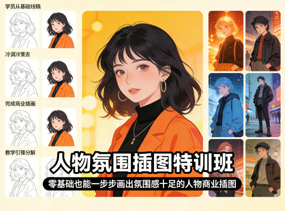 人物氛围插图特训班，零基础也能一步步画出氛围感十足的人物商业插图-一起网赚吧