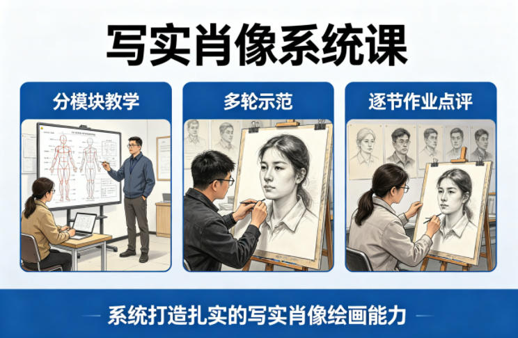 写实肖像系统课，全程分模块教学+多轮示范+逐节作业点评，系统打造扎实的写实肖像绘画能力-一起网赚吧